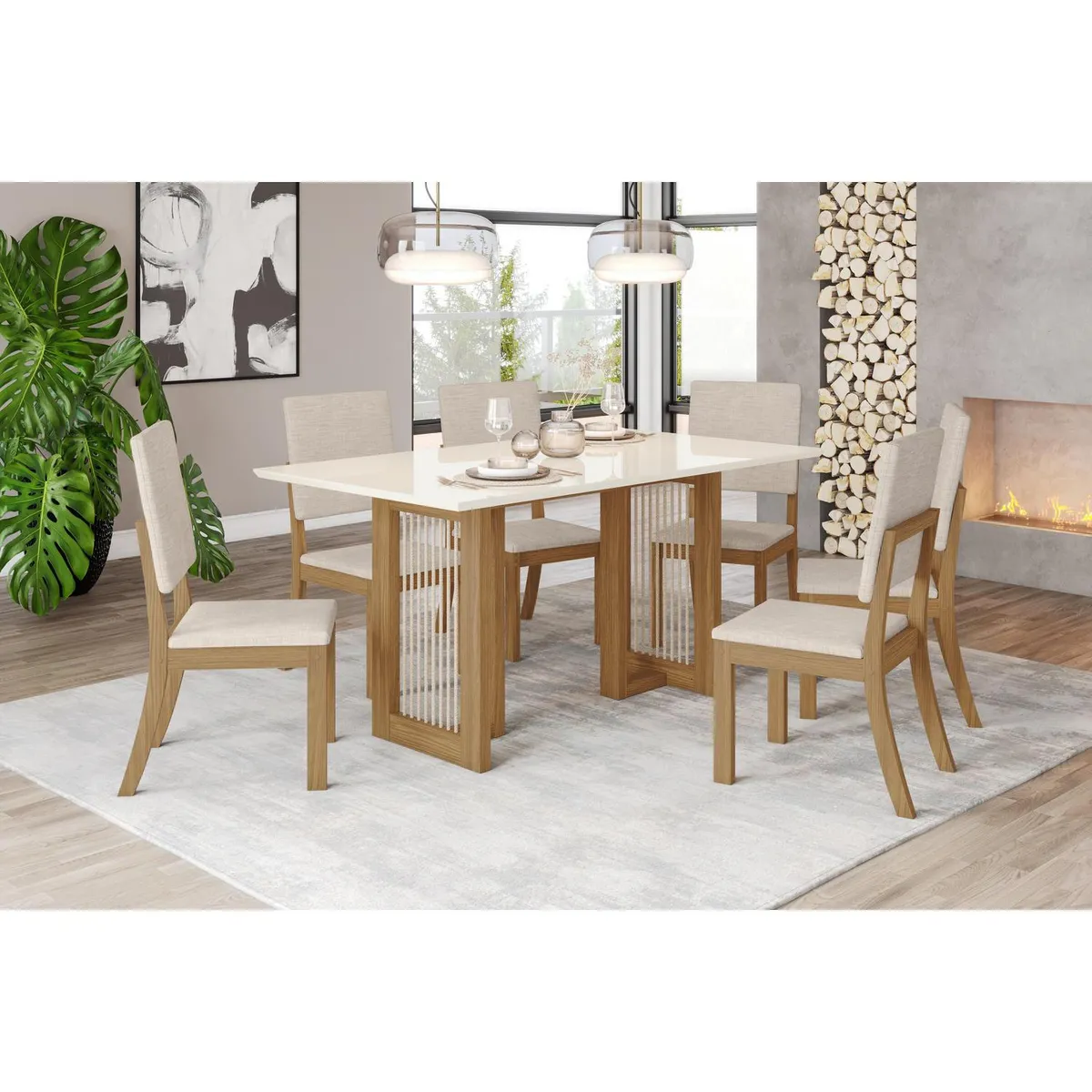 HOME MOBILI - Juego de Comedor Yara 6 Sillas Mesa Rectangular 90x80x160 cm Nogal/blanco