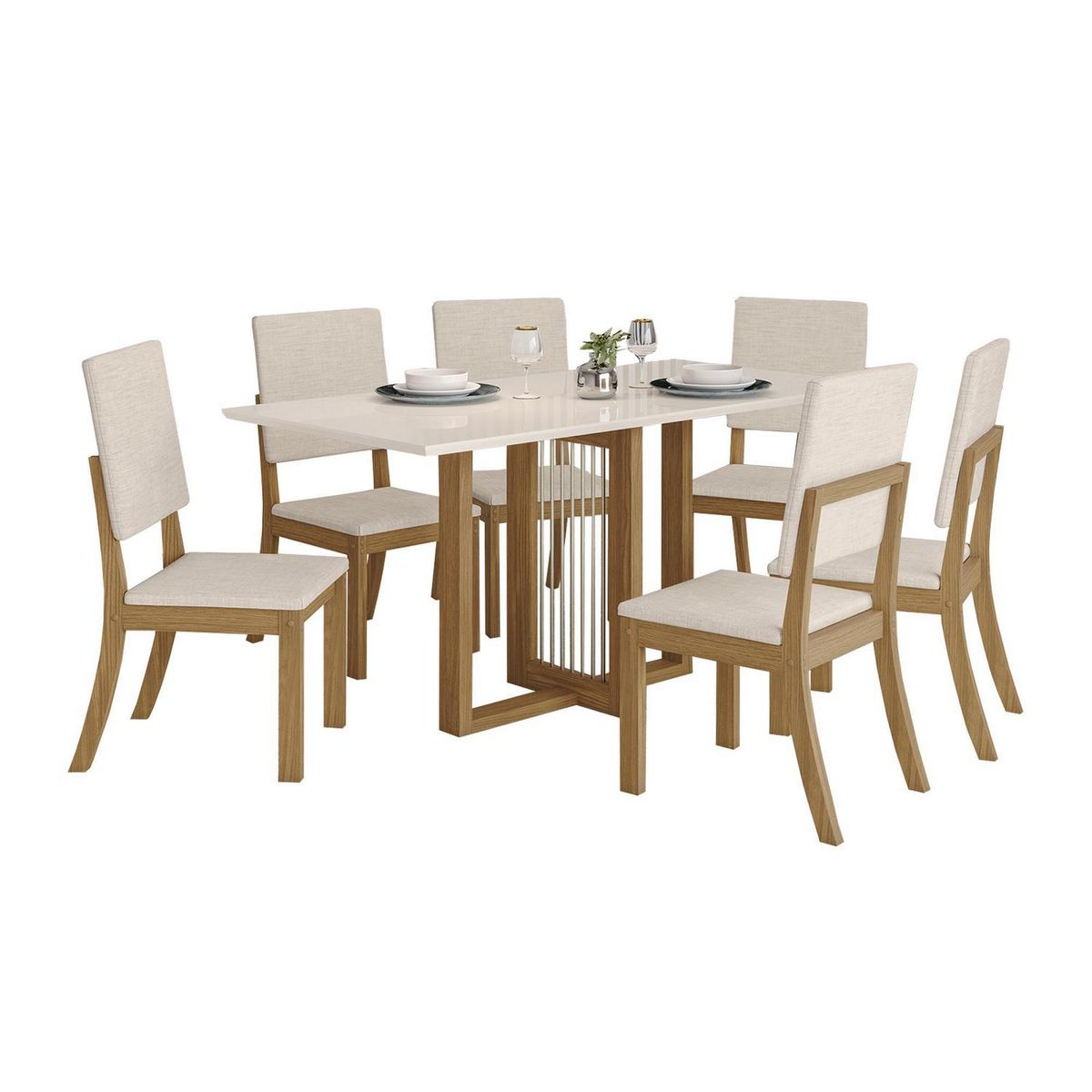 HOME MOBILI - Juego de Comedor Padang 6 Sillas Mesa Rectangular 90x80x160 cm Blanco/nogal