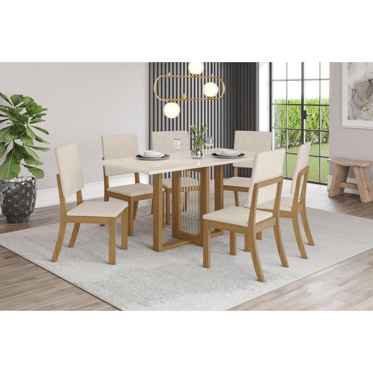 HOME MOBILI - Juego de Comedor Padang 6 Sillas Mesa Rectangular 90x80x160 cm Blanco/nogal