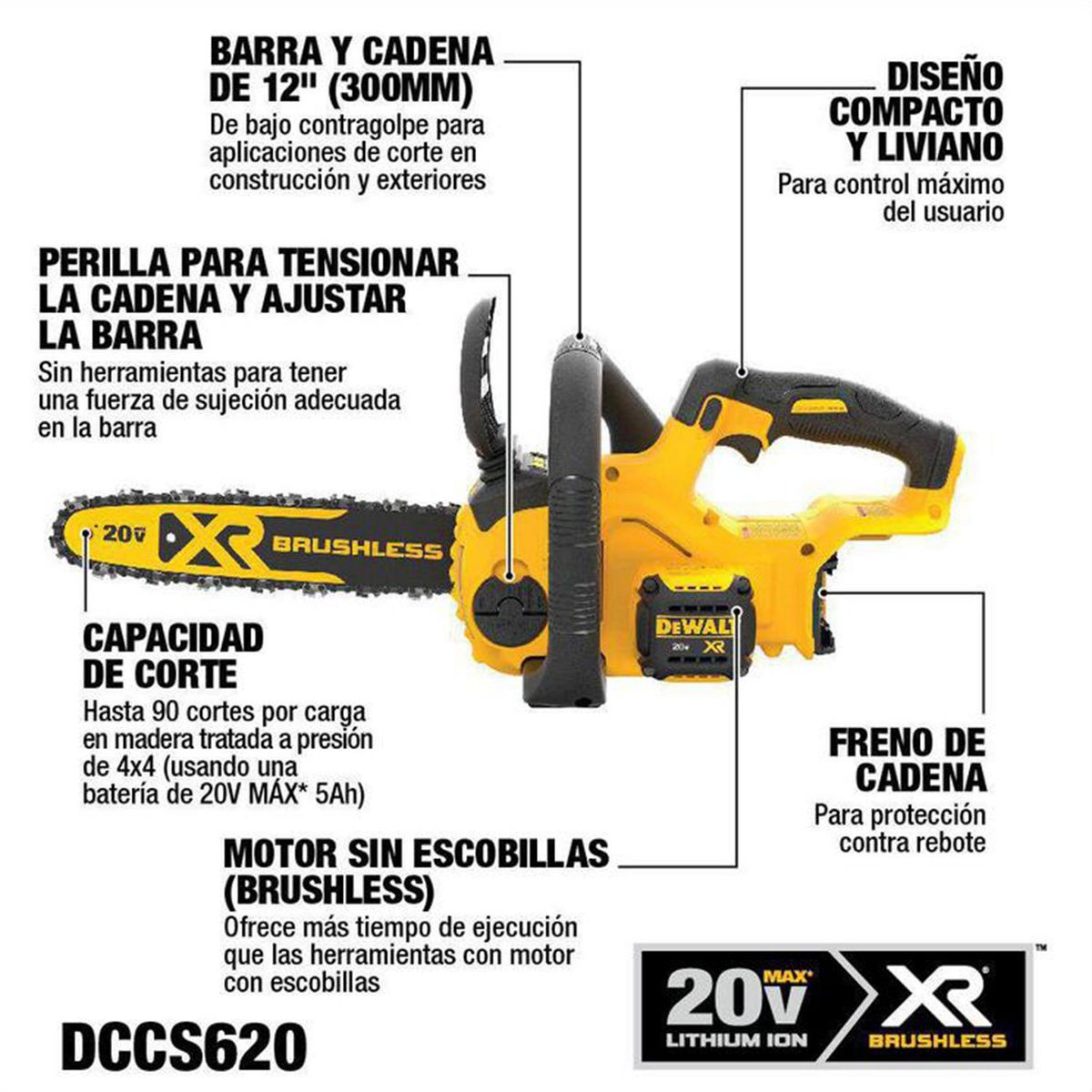 DEWALT - Kit motosierra 12” brushless 20V + bateria 5Ah y cargador