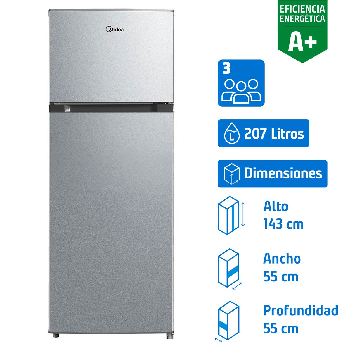 MIDEA - Refrigerador Top Freezer Frío Directo 207 Litros Silver MDRT294FGE50