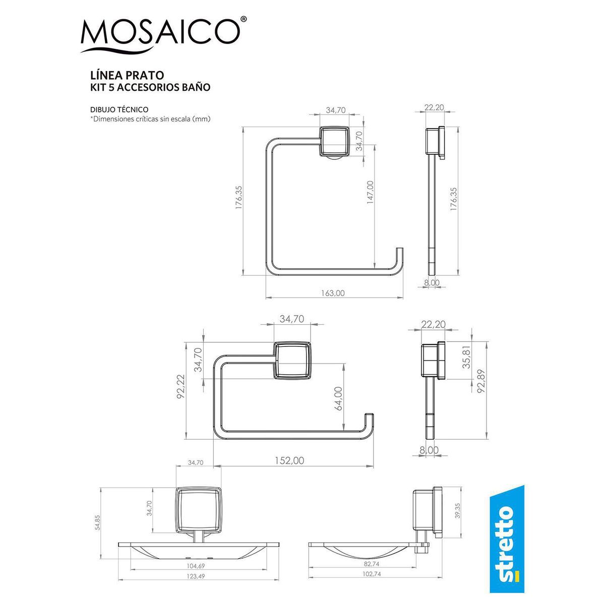 STRETTO - Kit de Accesorios de baño 5 piezas prato negro mate