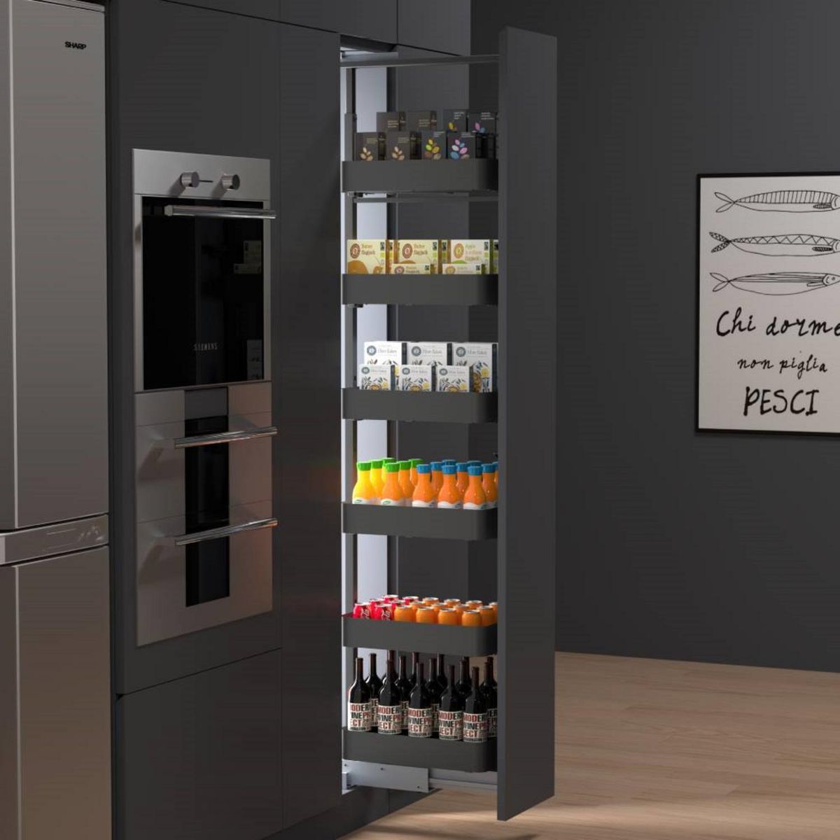 KUTZ - Despensa extraíble frontal 6 cestos 300mm para muebles antracita