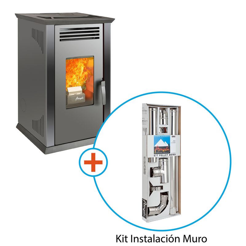 AMESTI - Estufa a Pellet Italy 8100 Negra + Kit Instalacion Muro