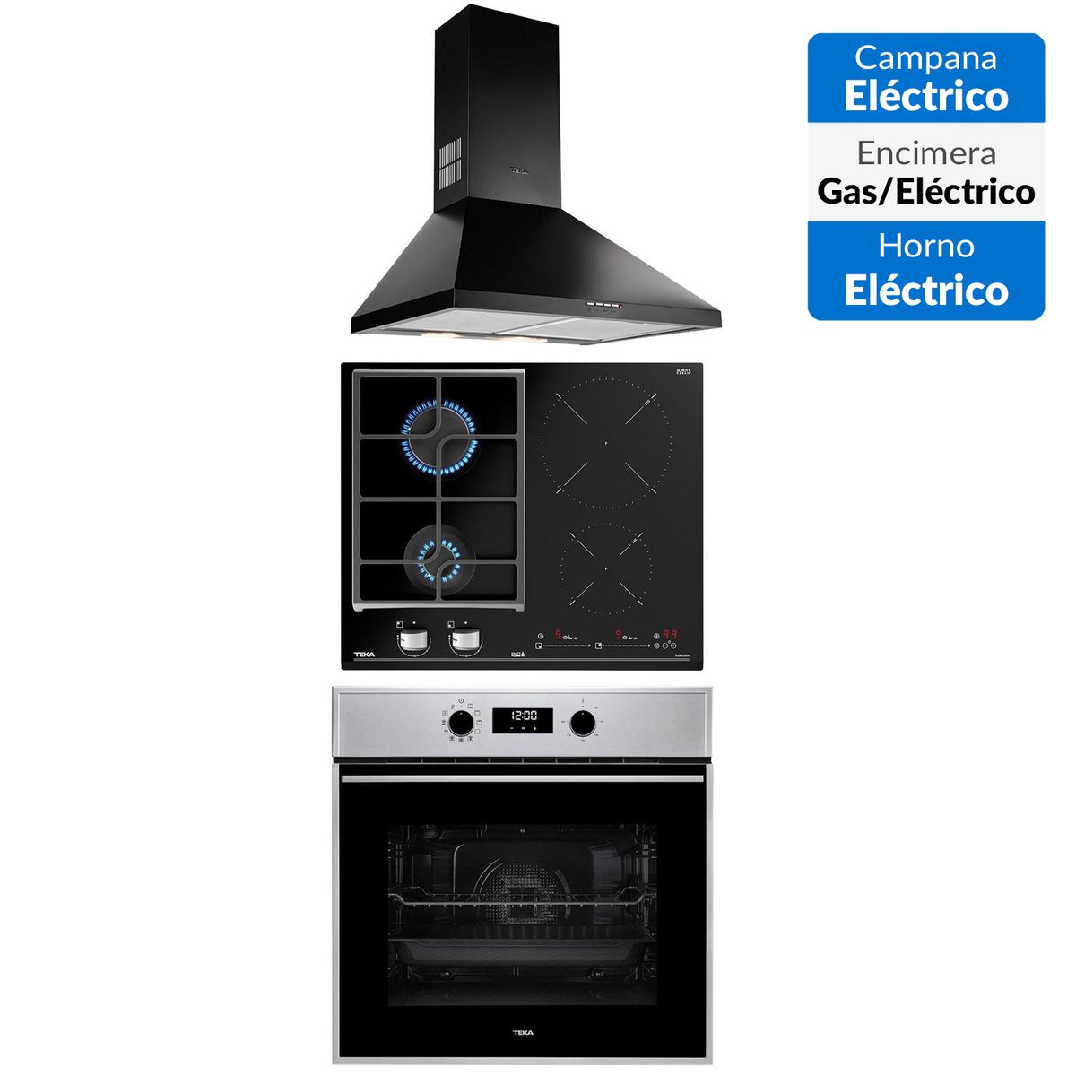TEKA - Combo Horno Electrico+Encimera Mixta+Campana Decorativa 60 Negra