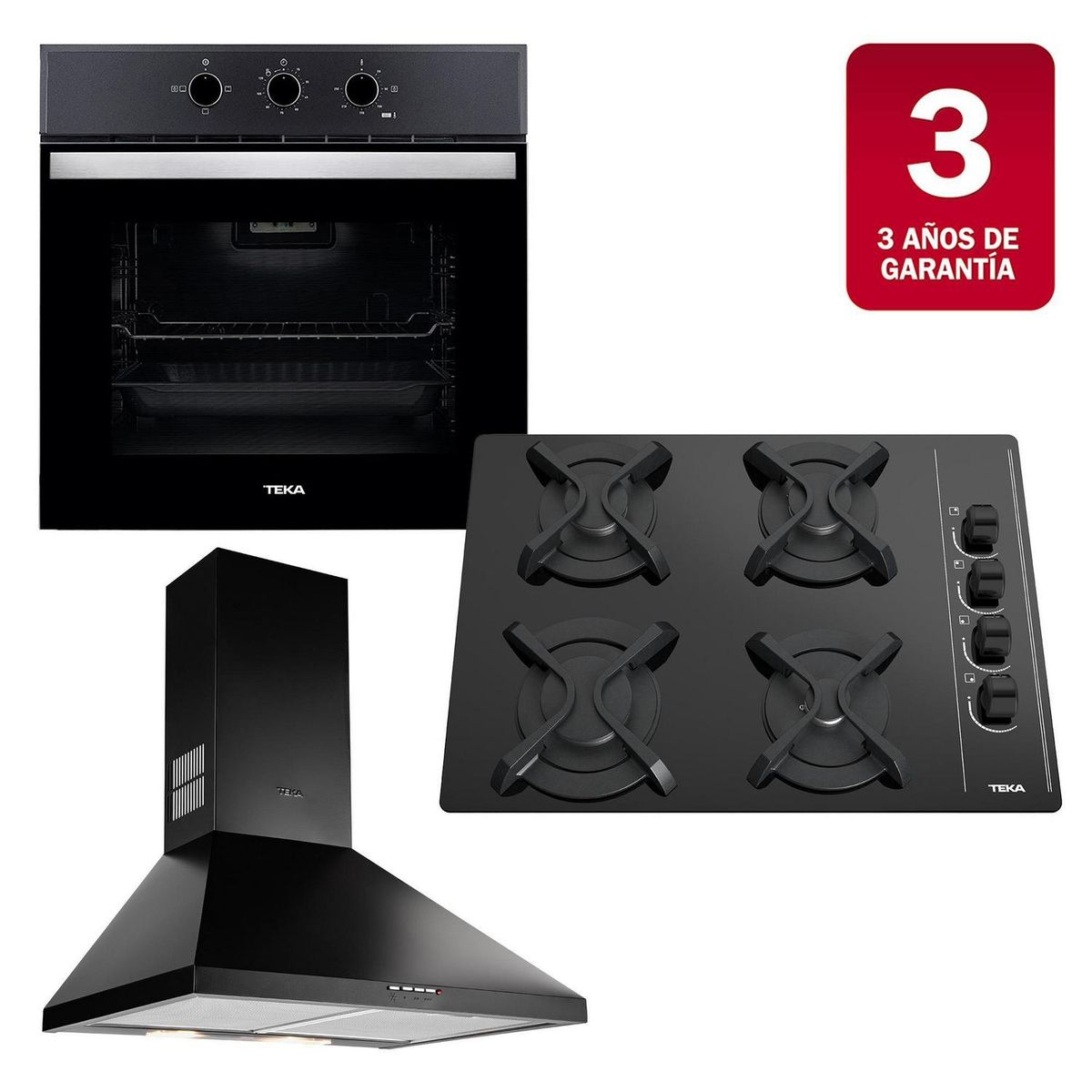 TEKA - Combo Horno Electrico+Encimera Gas 4G+Campana Decorativa 60 Negra