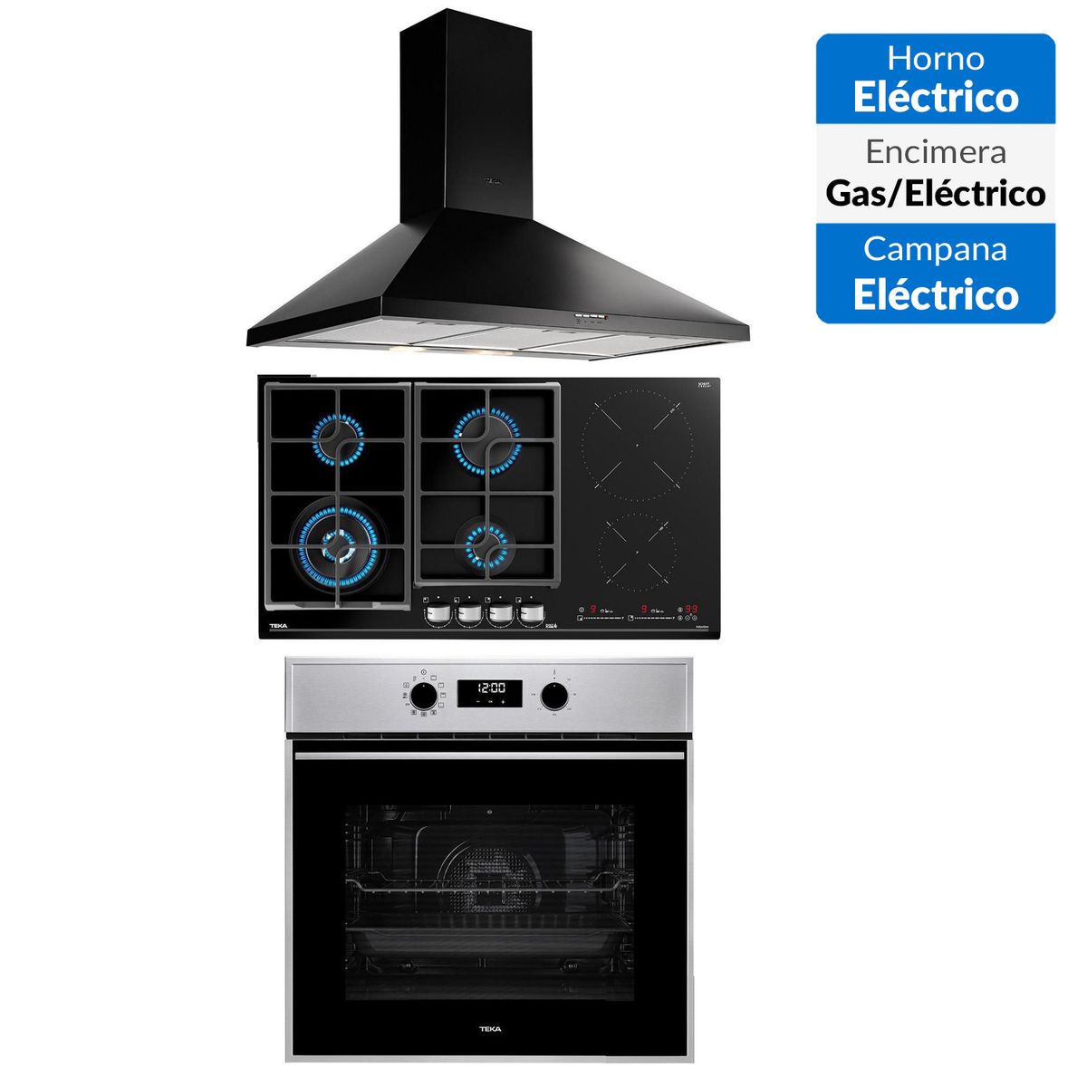 TEKA - Combo Horno Electrico+Encimera Mixta+Campana Decorativa 90 Negra