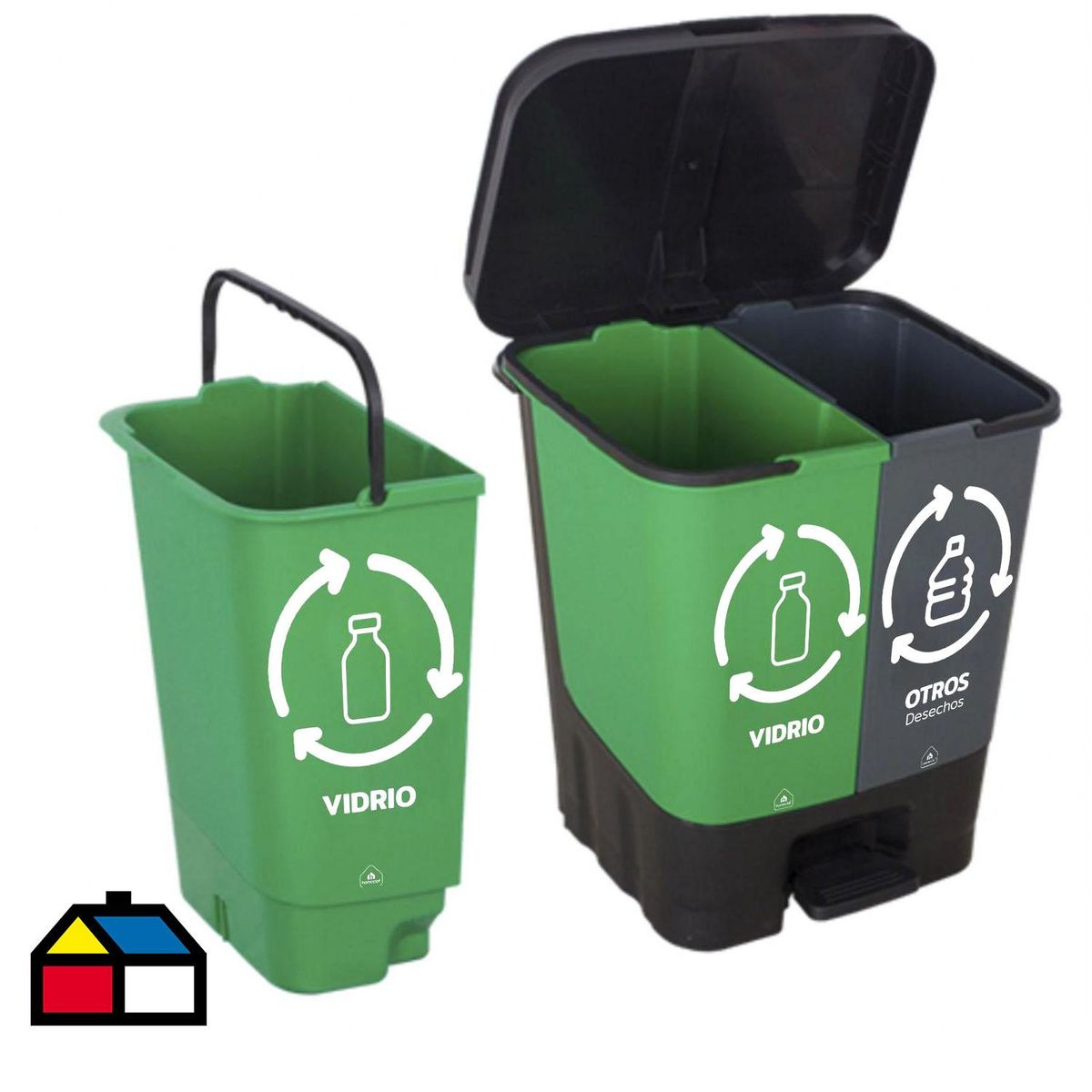 HOMECLAF - Basurero Reciclaje 60 Litros Plástico Negro y Verde