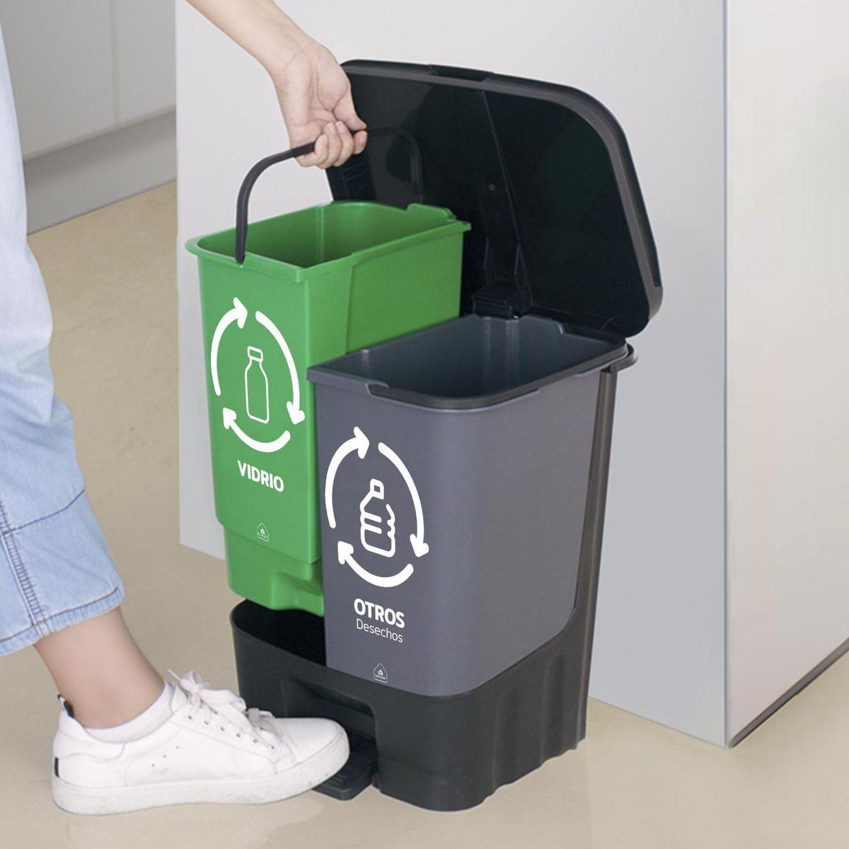 HOMECLAF - Basurero Reciclaje 30 Litros Plástico Negro y Verde