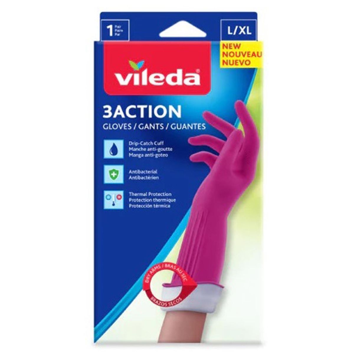 VILEDA - Guantes Vileda 3 Action L/xl Triple Acción para Limpieza Rosados
