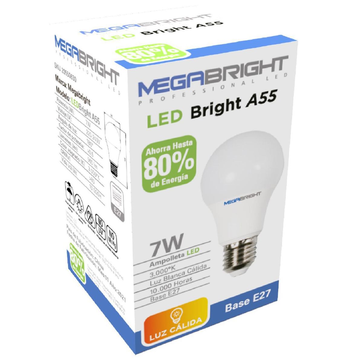 MEGABRIGHT - Ampolleta Led Clásica 7 W E27 500 lm Luz Cálida
