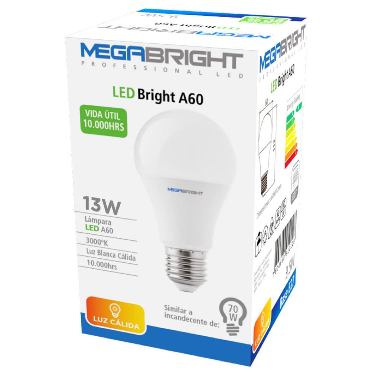 MEGABRIGHT - Ampolleta led A60 clásica 13W/3000K E27