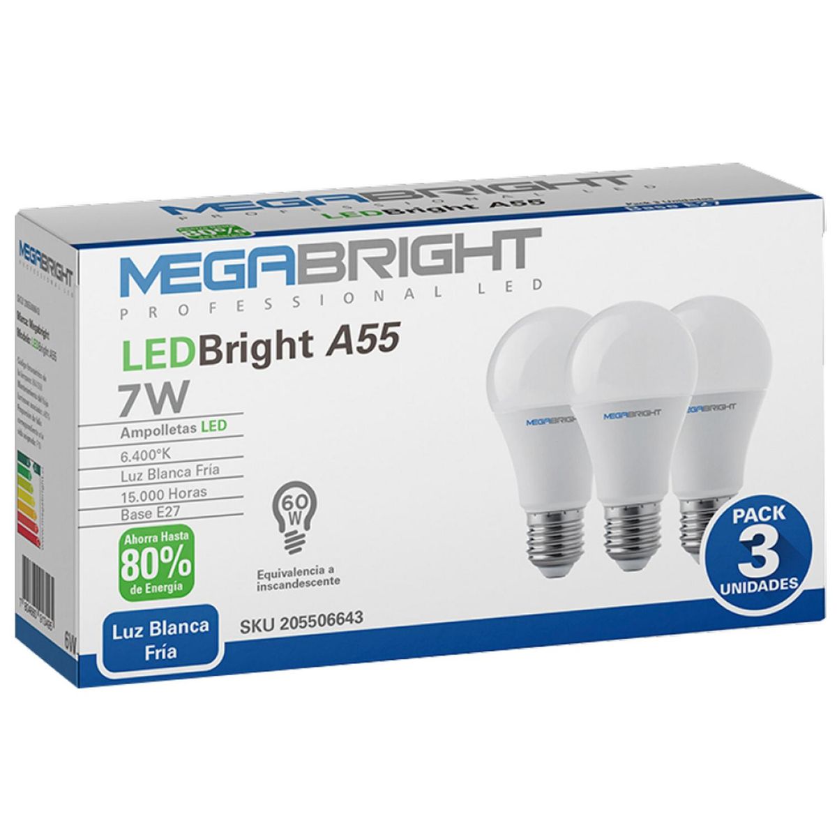 MEGABRIGHT - Pack 3 Ampolletas Led Clásicas 7 W E27 920 lm Luz Fría