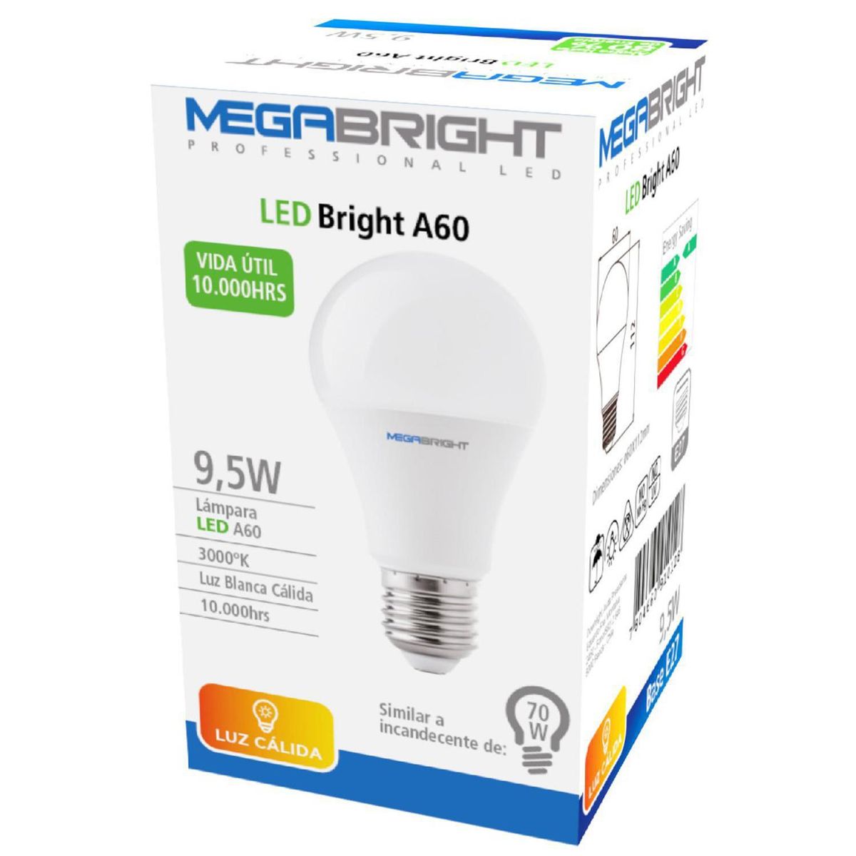 MEGABRIGHT - Ampolleta Led Clásica 9.5 W E27 800 lm Luz Cálida