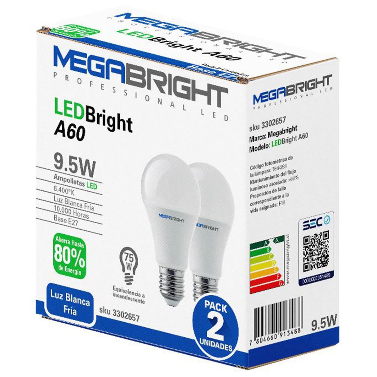 MEGABRIGHT - Pack 2 Ampolletas Led 9.5 W E27 800 lm Luz Fría