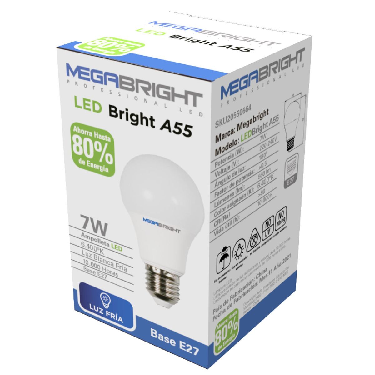 MEGABRIGHT - Ampolleta Led Clásica 7 W E27 920 lm Luz Fría