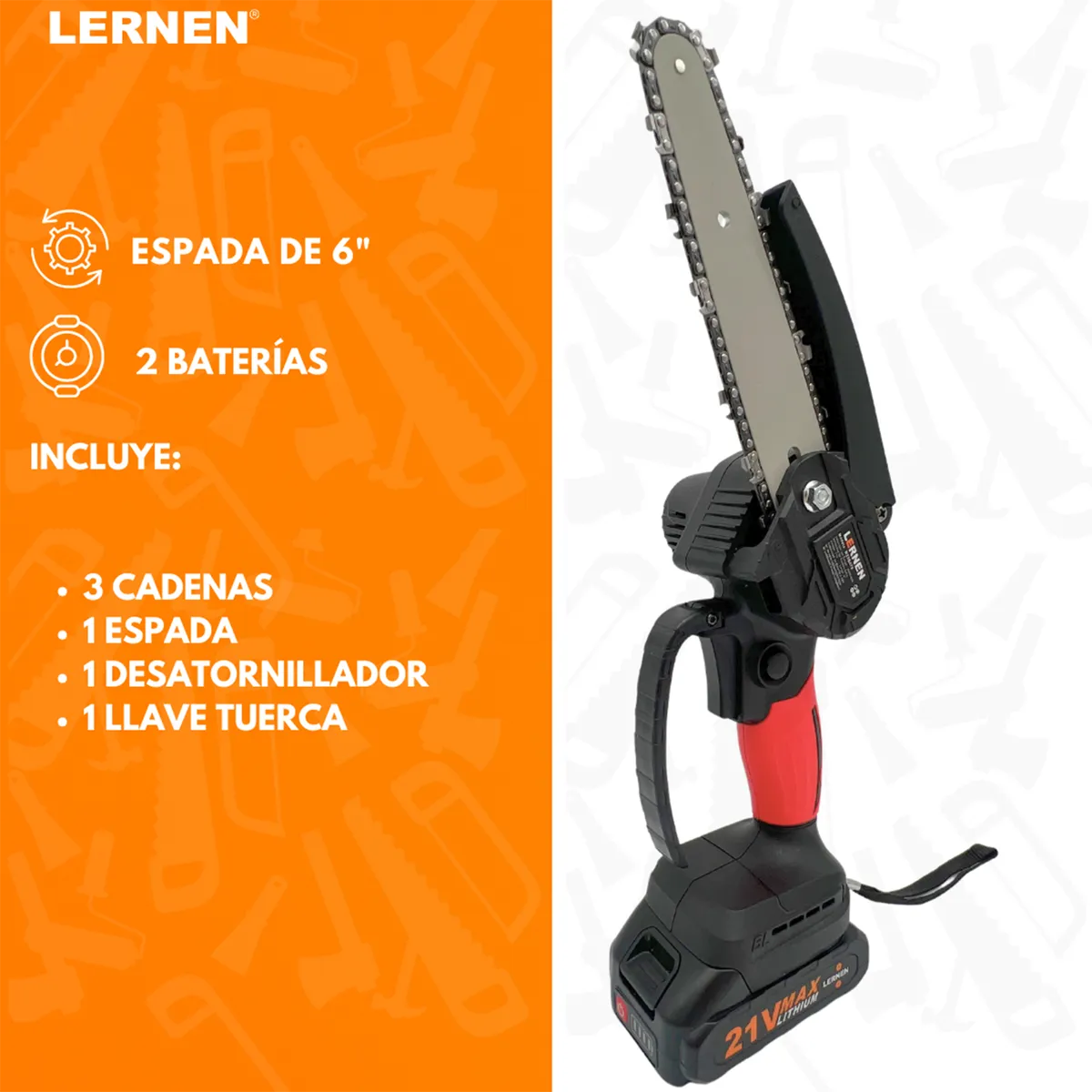 LERNEN - Motosierra Podadora Inalámbrica 6" 2 Baterías