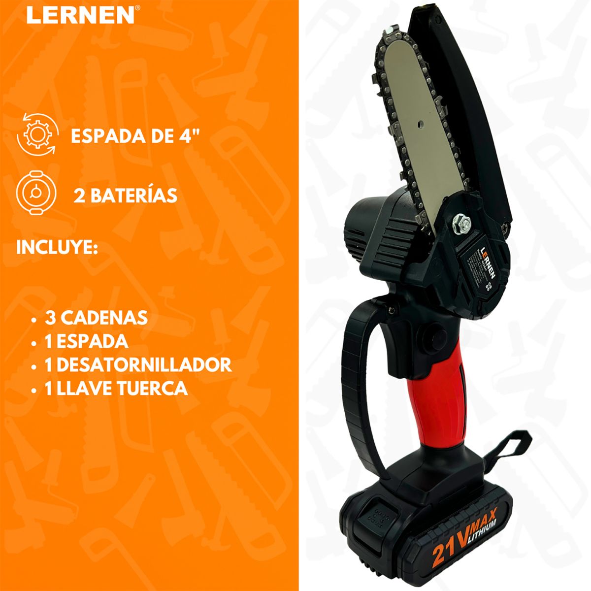 LERNEN - Motosierra Podadora Inalámbrica 4" 2 Baterías