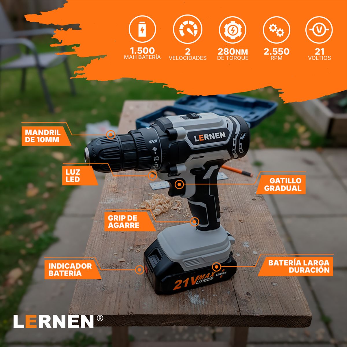 LERNEN - Taladro inalámbrico atornillador 10mm 21V + 2 baterías