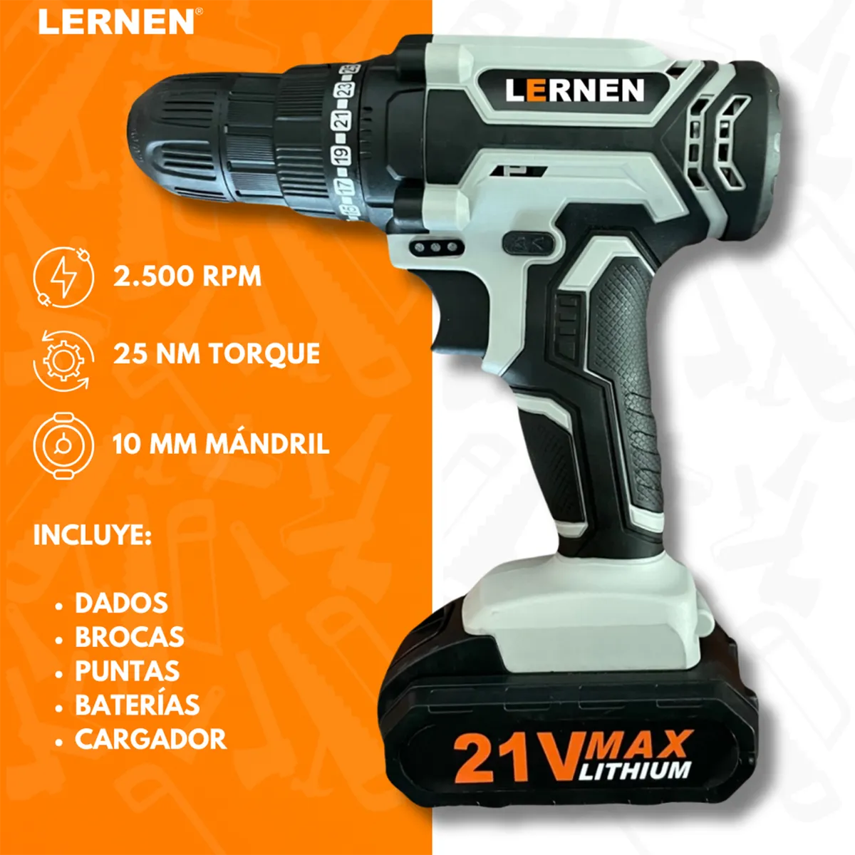 LERNEN - Taladro inalámbrico atornillador 10mm 21V + 2 baterías