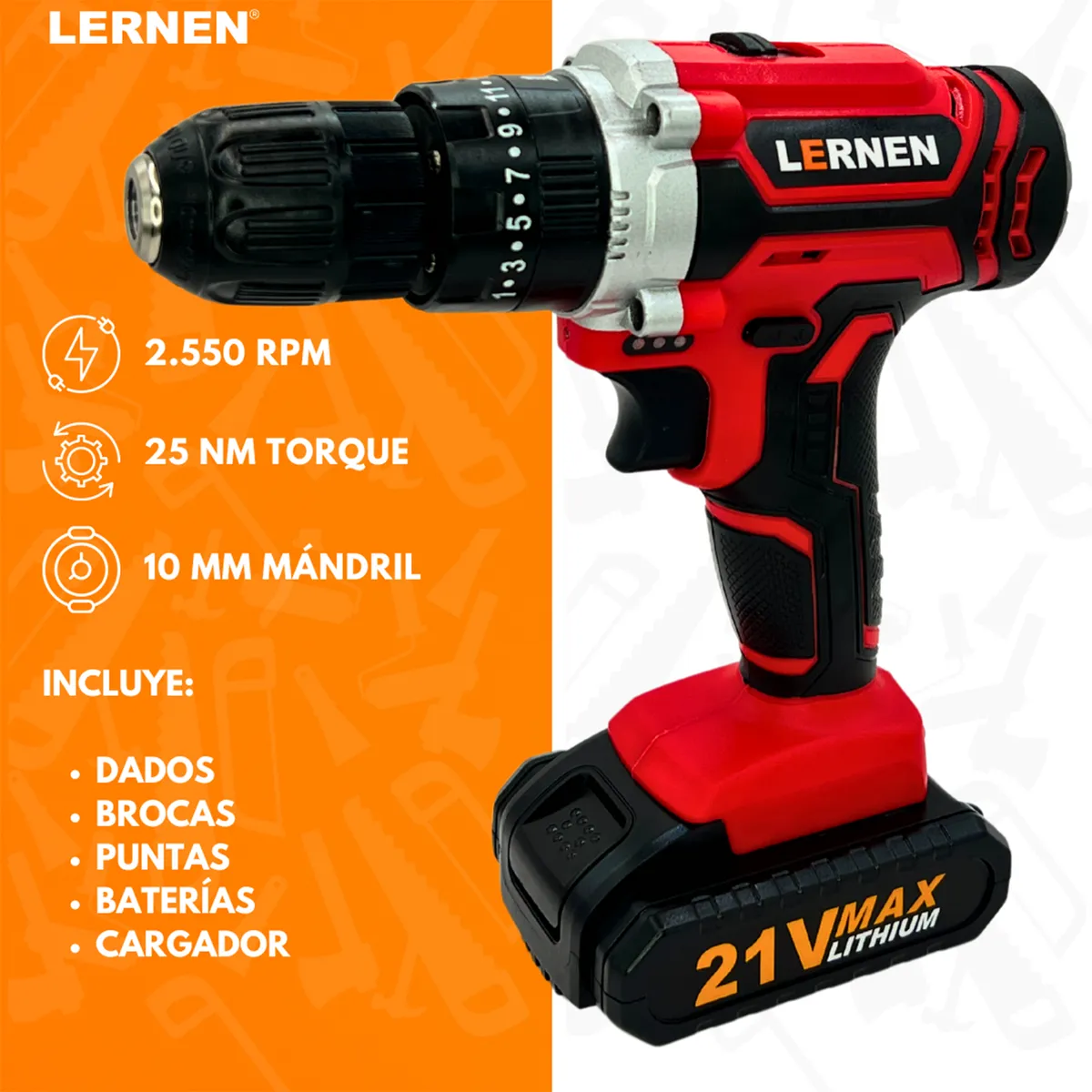 Taladro Inalámbrico Percutor 10 mm 21V/2 Baterías, marca LERNEN - Foto 2