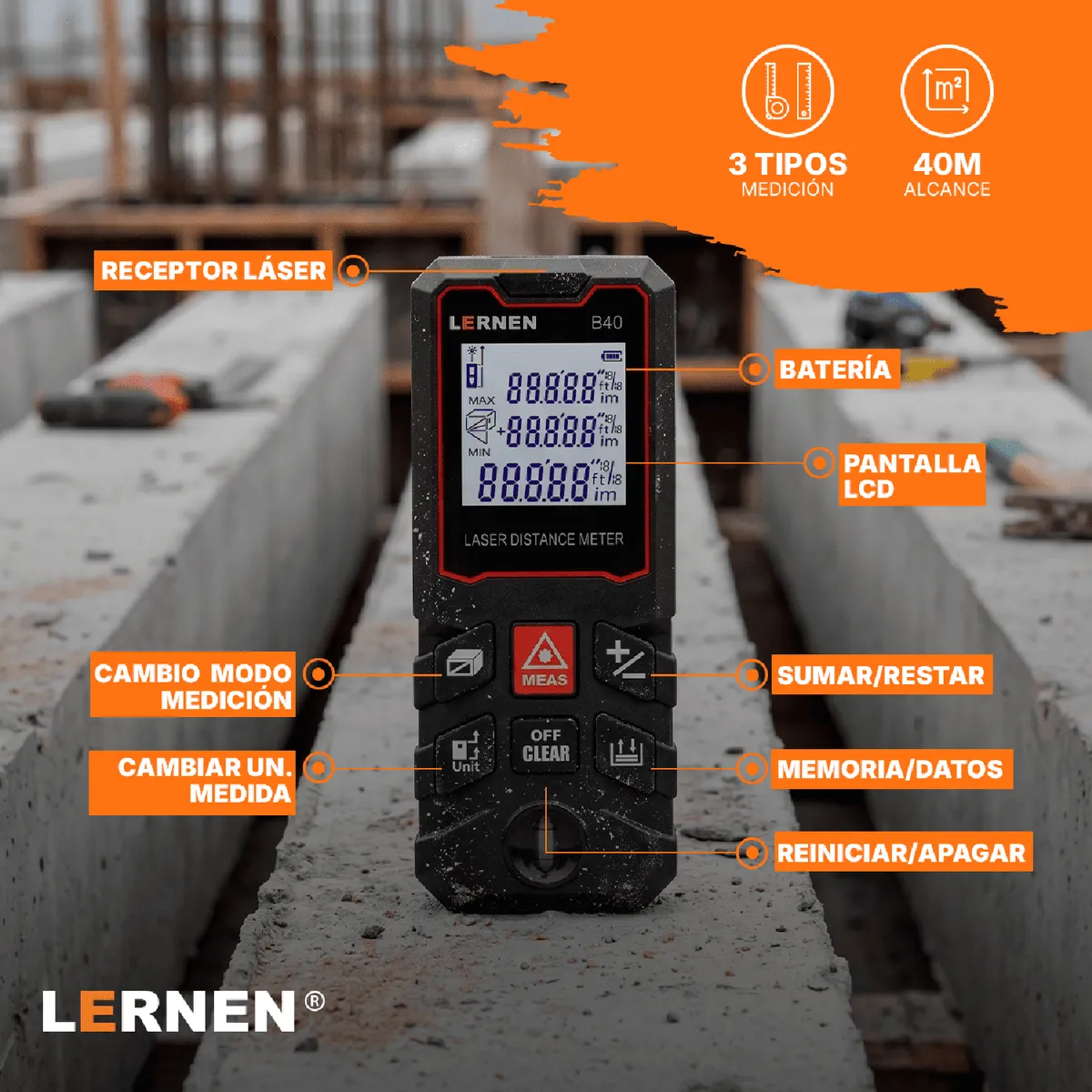 LERNEN - Medidor De Distancia Laser Digital 40M Con Accesorios