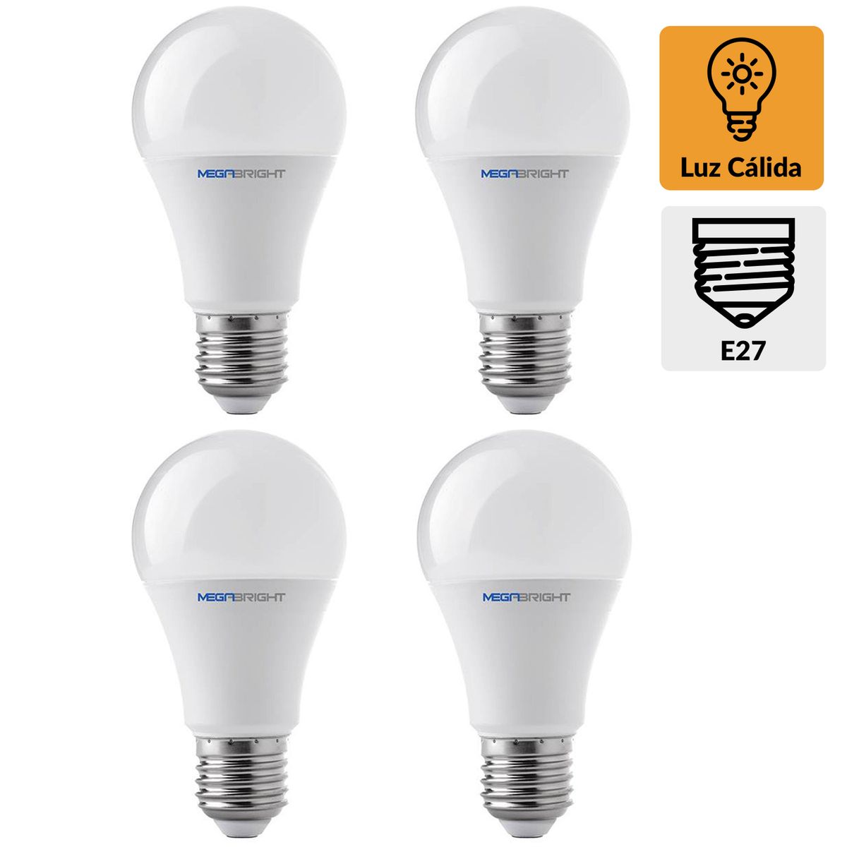 MEGABRIGHT - Pack 4 Ampolletas Led 9.5 W E27 800 lm Luz Cálida
