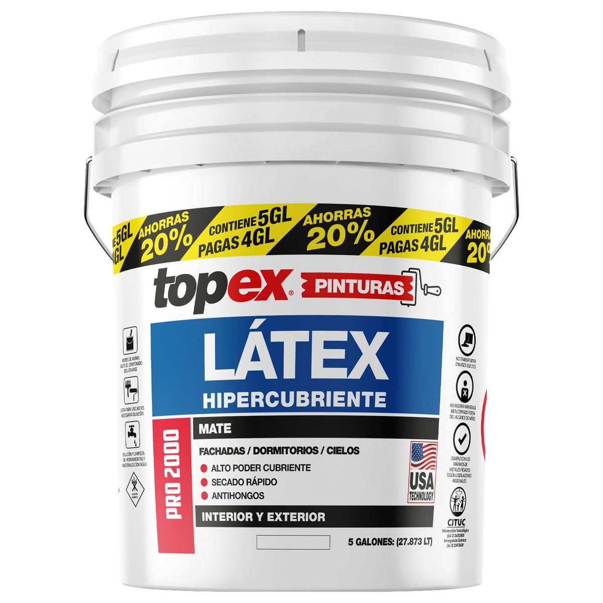 TOPEX - Pintura Látex Hipercubriente Tineta 5 galón(es) Mate Blanco