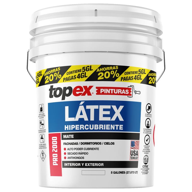 TOPEX - Pintura Látex Hipercubriente Mate 5 galón(es) Blanco