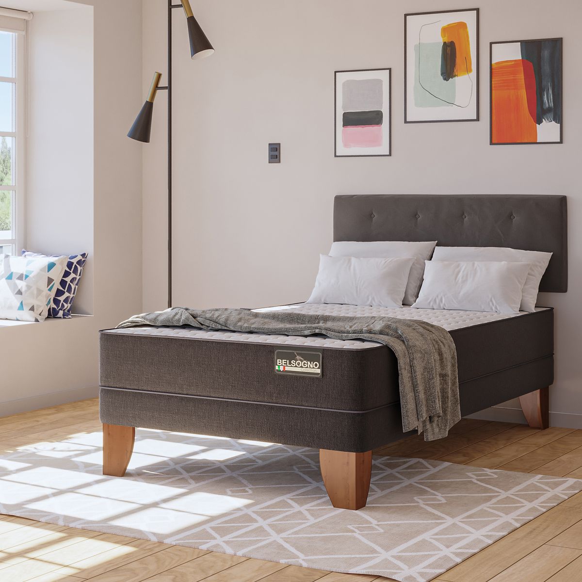 BELSOGNO - Cama 1.5 plazas Europea Belsogno Plus Black Blanco/Beige