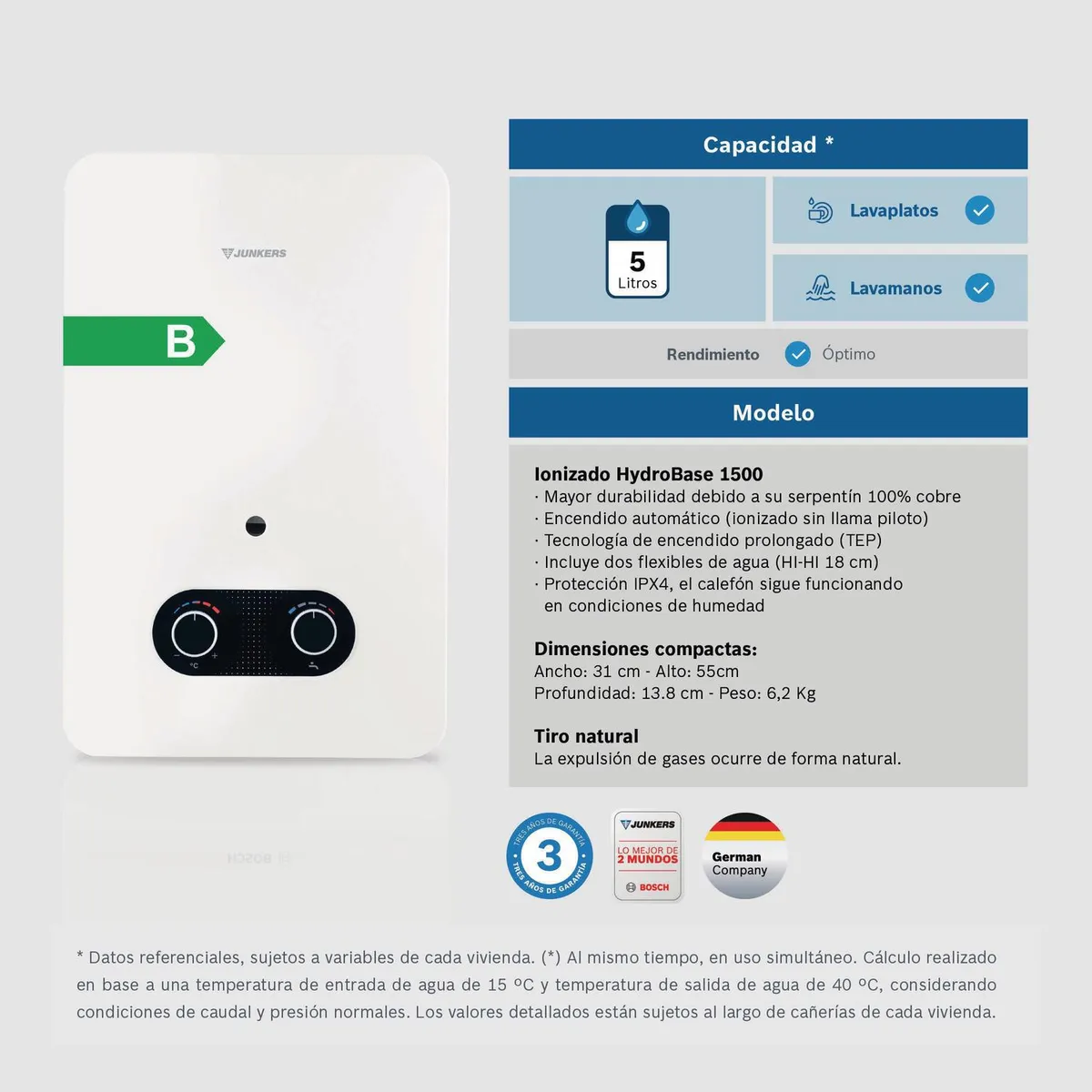 JUNKERS - Calefont Gas Licuado 5 Litros Tiro Natural Ionizado