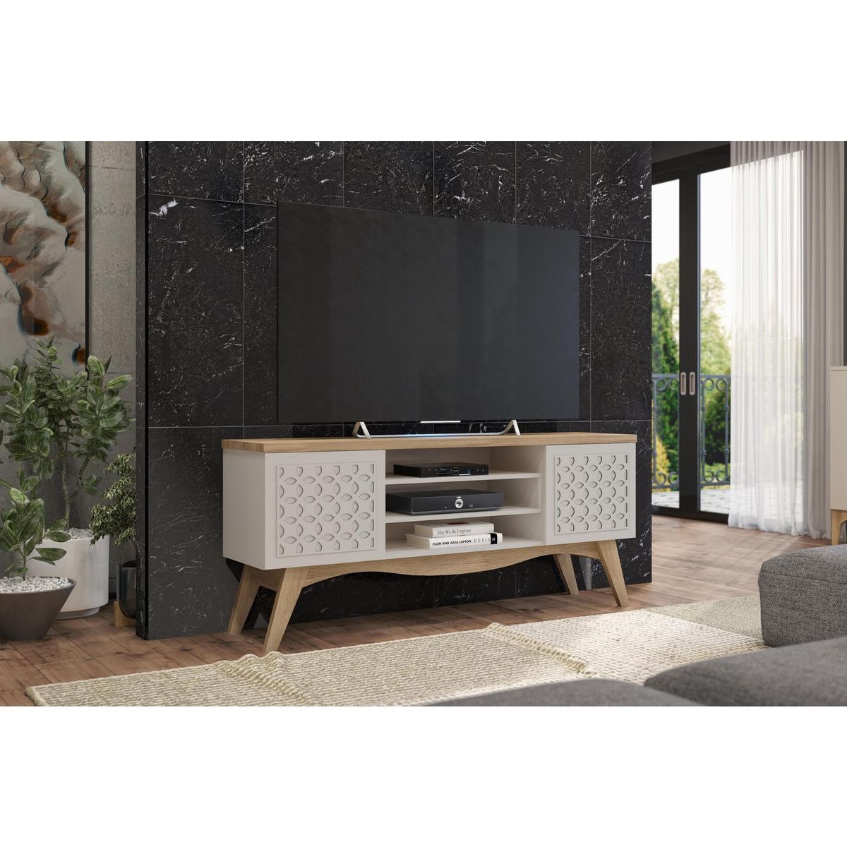 EXIT - Rack TV Lineas Modernas Liz Beige/Cedro 70 " 160x70,5x38 cm