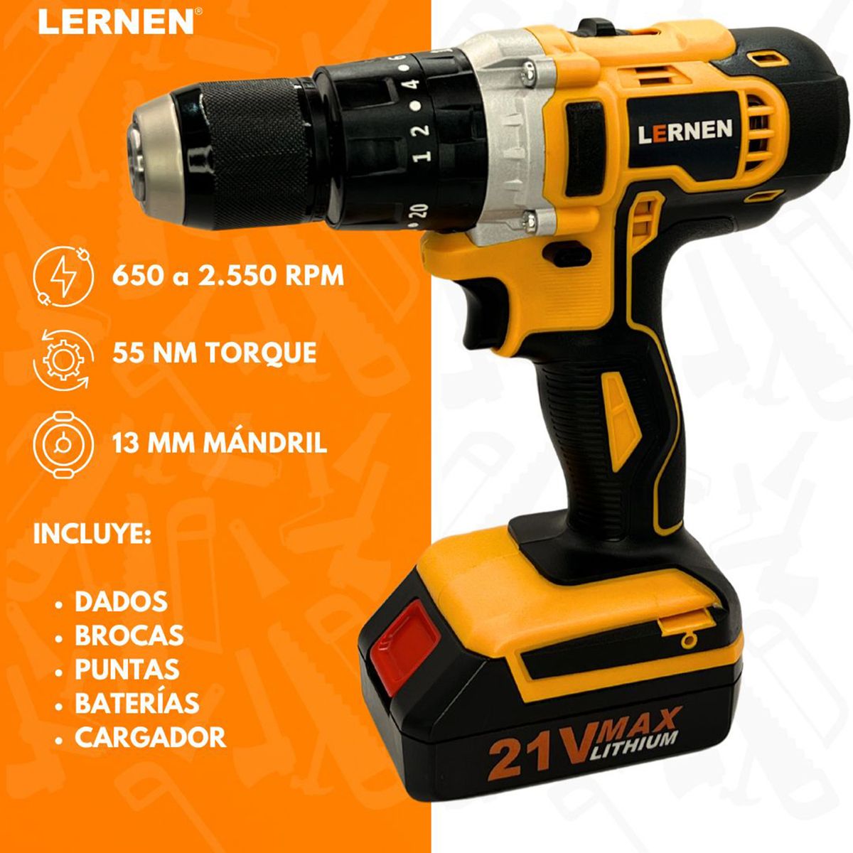 LERNEN - Taladro Inalámbrico Percutor 13 mm 21V/2 Baterías/Accesorios