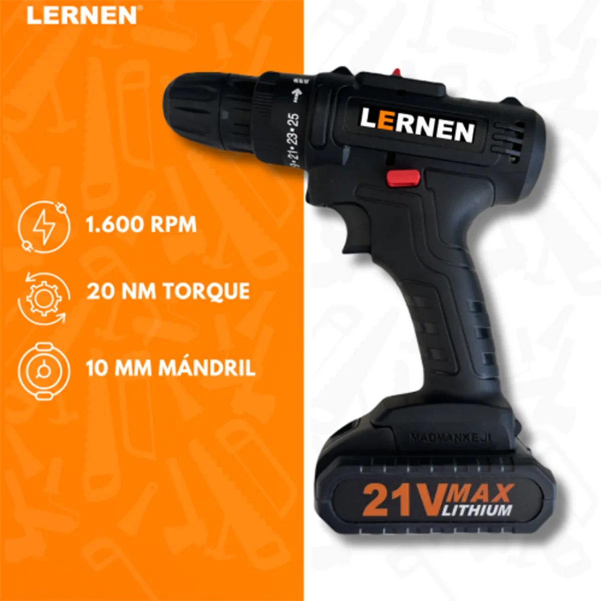 LERNEN - Taladro inalámbrico atornillador 10mm 21V + accesorios