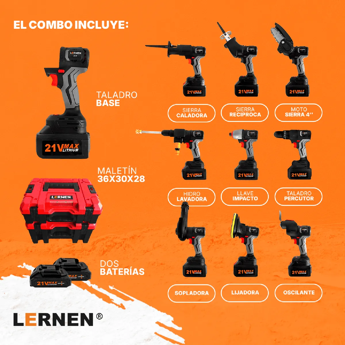 LERNEN - Taladro Inalámbrico Percutor 21V/Herramienta 10 En 1/2 Baterías
