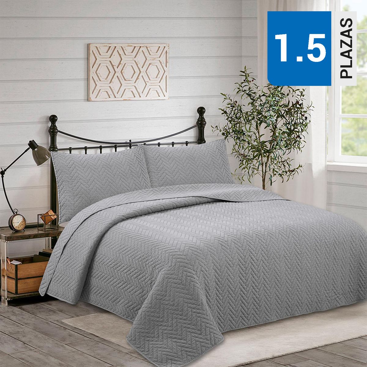 DIB - Quilt Cubrecama 1.5 plazas Geometric Hebra Gris 