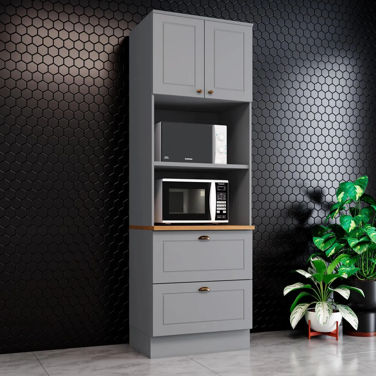 HOME MOBILI - Mueble para microondas 2 puertas 2 cajones gris Americana