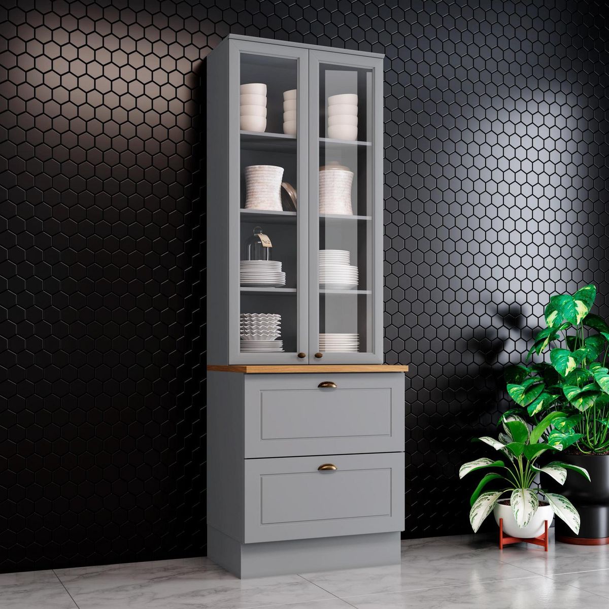 HOME MOBILI - Mueble cristalera 2 puertas gris Americana