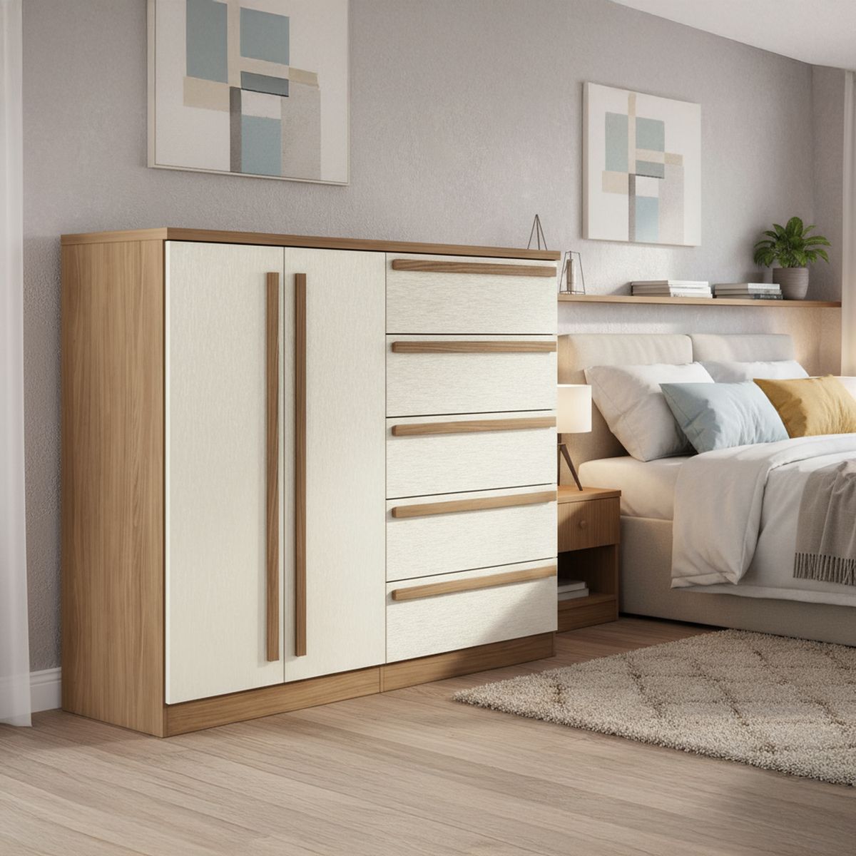 ONESSTA - Cómoda 2 Puertas 5 Cajón(es) Malaga 131x111.5x44.8 cm Café arena