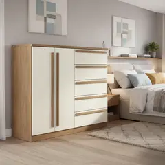 ONESSTA - Cómoda 2 Puertas 5 Cajón(es) Malaga 131x111.5x44.8 cm Café arena