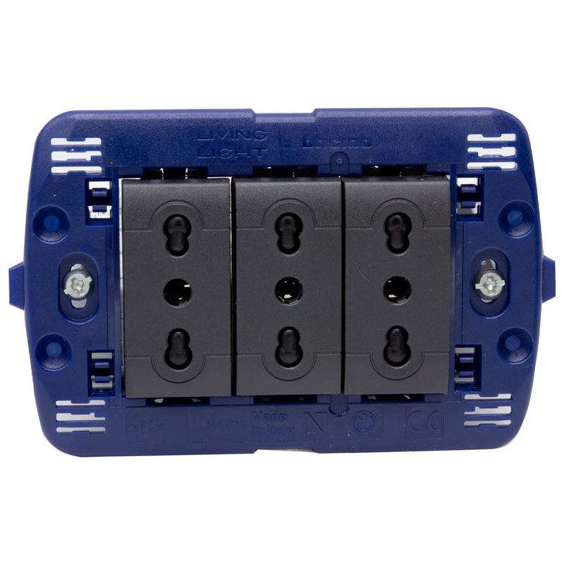 BTICINO - Placa semi armada Living Light  tomacorriente triple 10/16A color Antracita