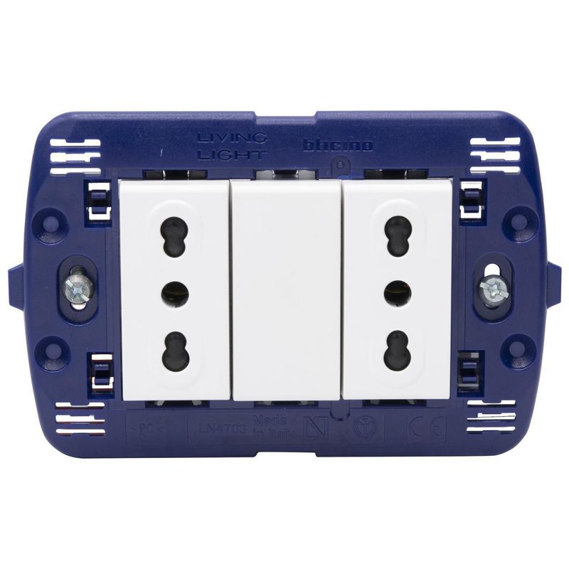 BTICINO - Placa semi armada Living Light  tomacorriente doble 10/16A color Blanco