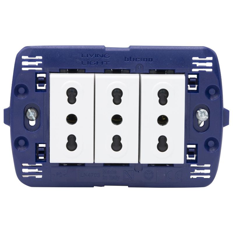 BTICINO - Placa semi armada Living Light  tomacorriente triple 10/16A color Blanco
