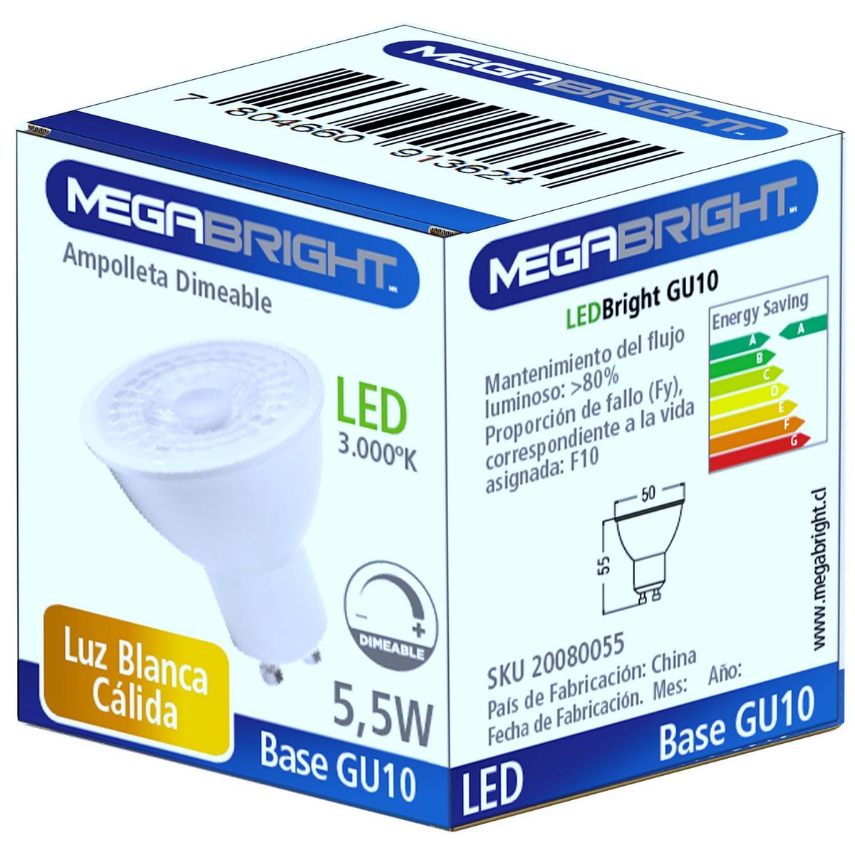 MEGABRIGHT - Ampolleta Led Dimeable 5.5 W GU10 430 lm Luz Cálida