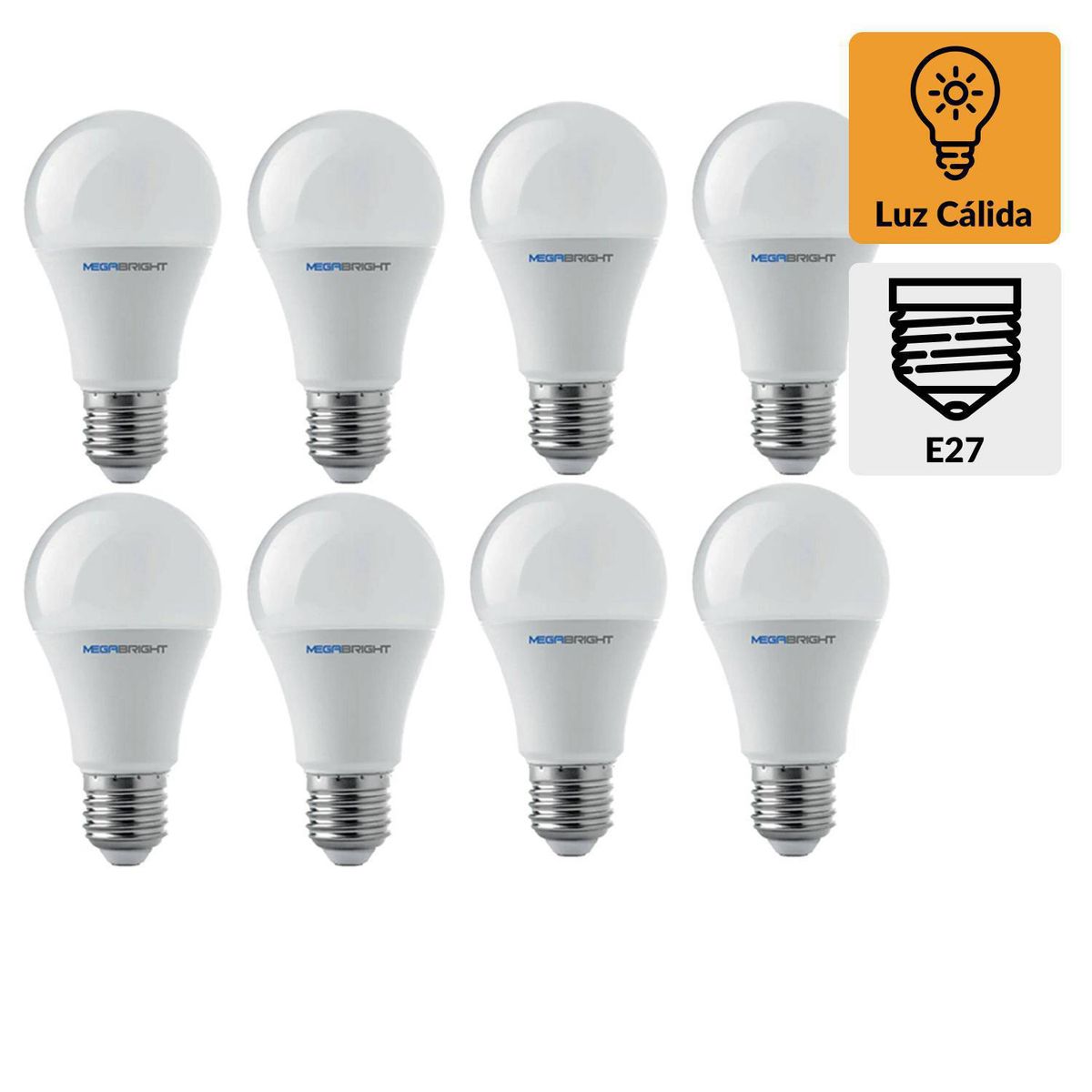 MEGABRIGHT - Pack 8 Ampolletas Led 8 W E27 1050 lm Luz Cálida