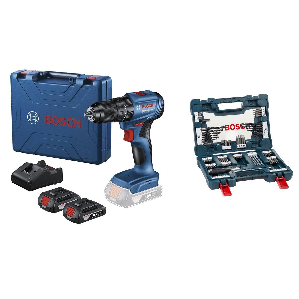 BOSCH - Taladro percutor inalámbrico 13mm 18V + 2 baterías + cargador + 91 accesorios