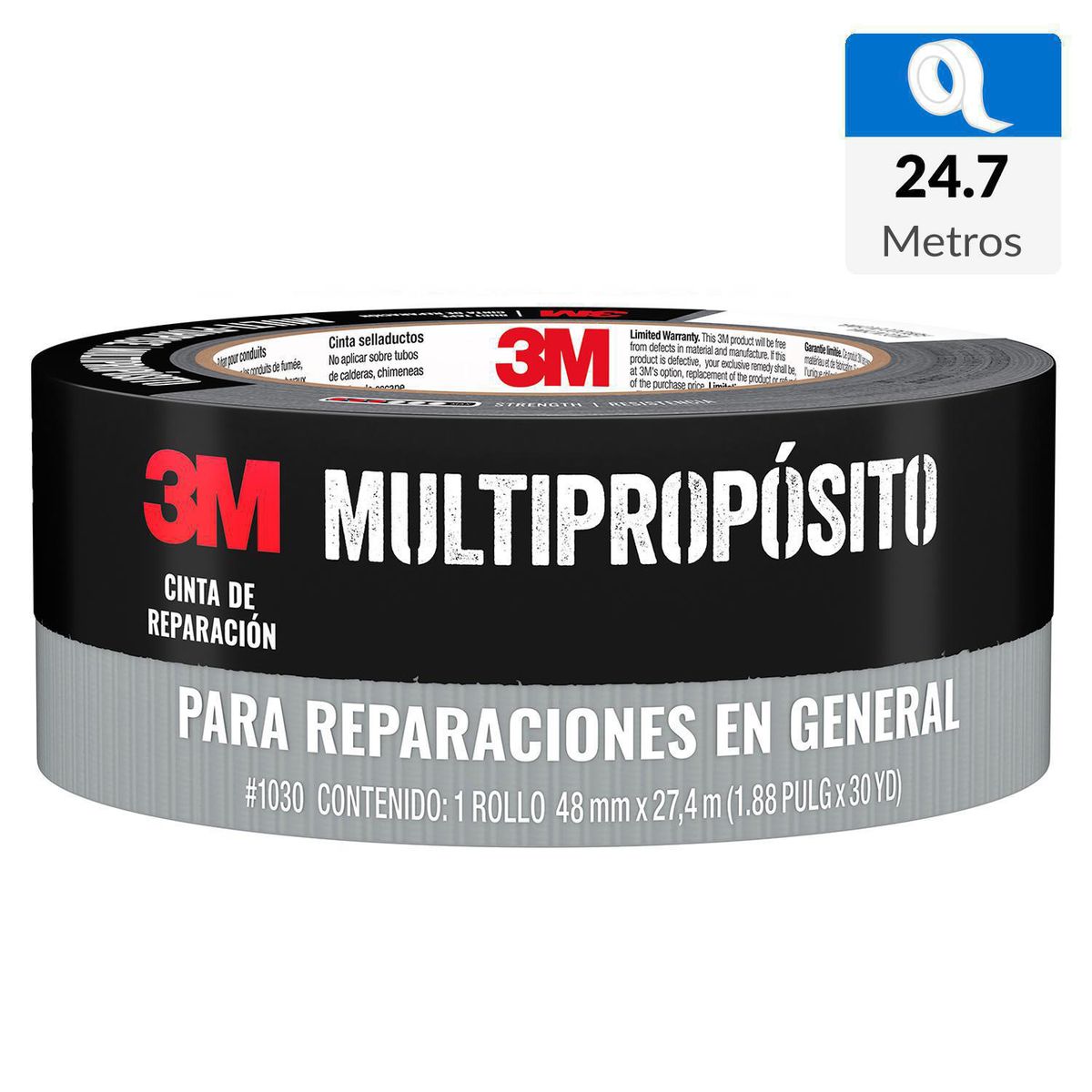 3M - Cinta de Tela Duct Tape de reparación Gris 48 mm x 27.4 mts