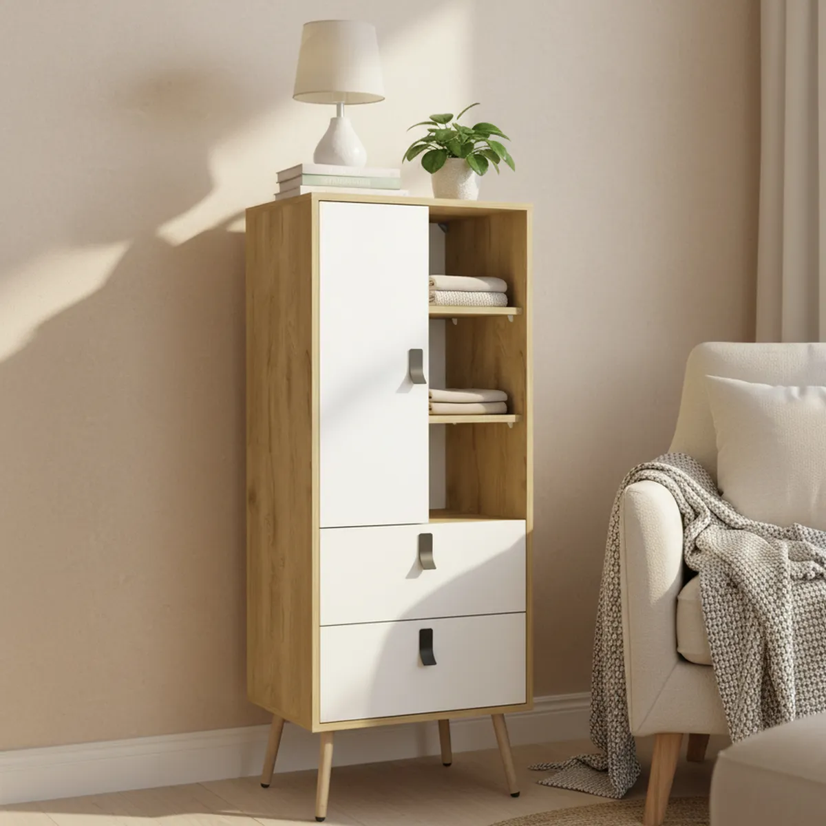 TUHOME - Cómoda 1 Puerta 2 Cajón(es) Alta Huna 51x132x42.2 cm Macadamia/Blanco