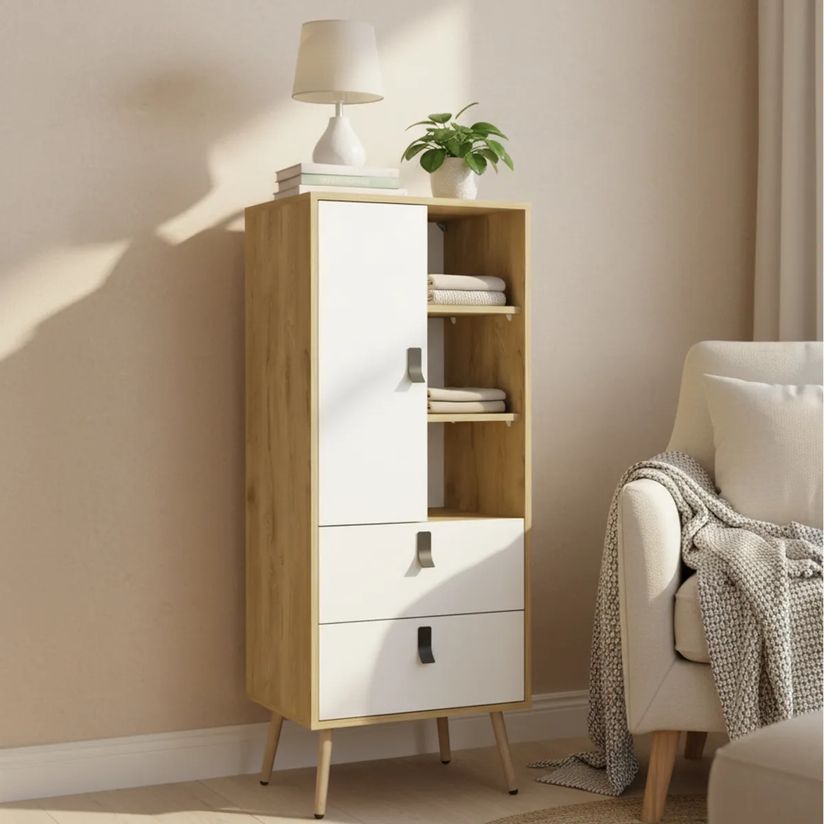 TUHOME - Cómoda 1 Puerta 2 Cajón(es) Alta Huna 51x132x42.2 cm Macadamia/Blanco