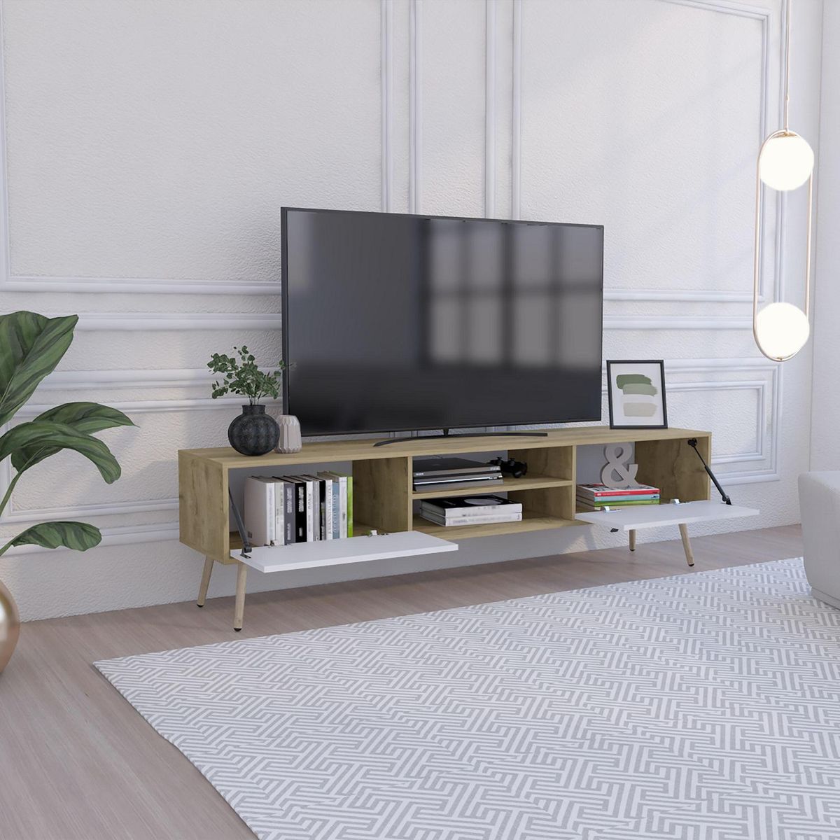 TUHOME - Rack TV Huna Macadamia/Blanco 70 " 180x48x39 cm